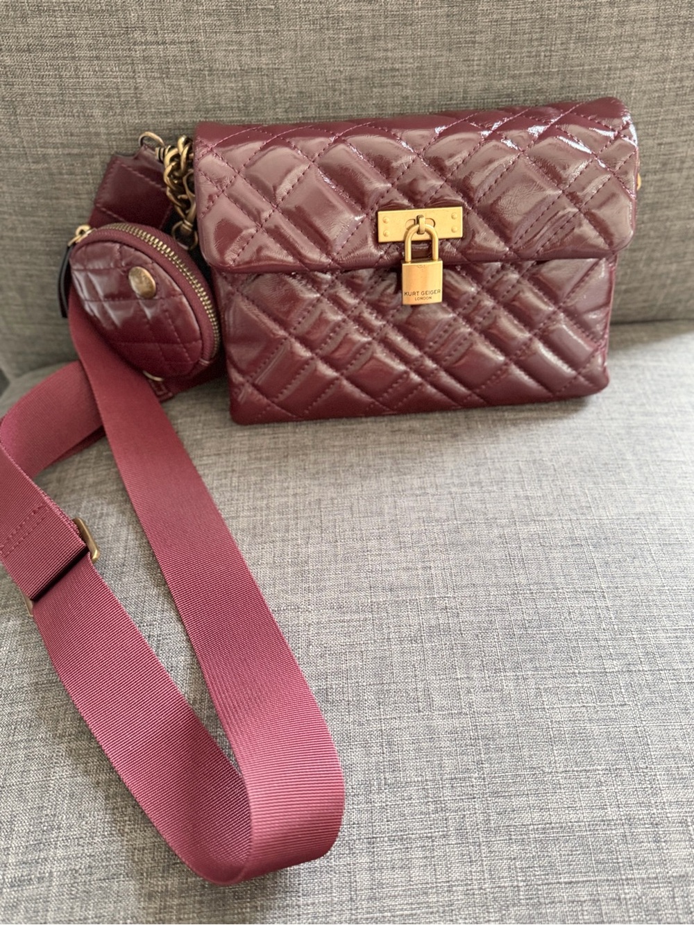 Kurt Geiger Quilted Patent Crossbody in Burgundy